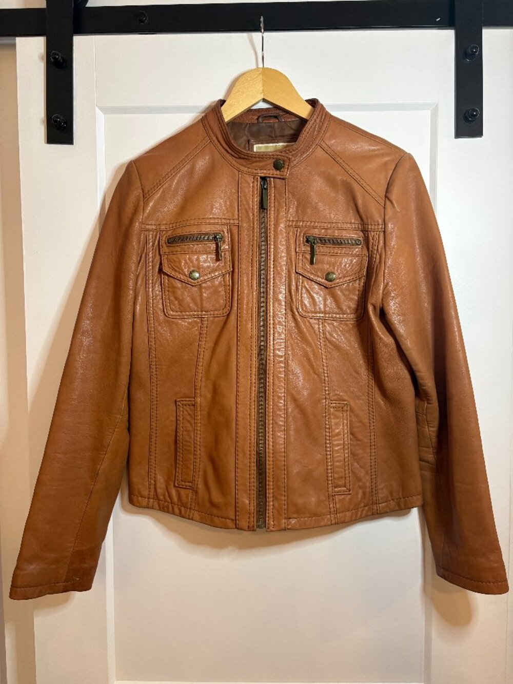 MICHAEL, Michael Kors Cognac Genuine Leather Moto Jacket Size L